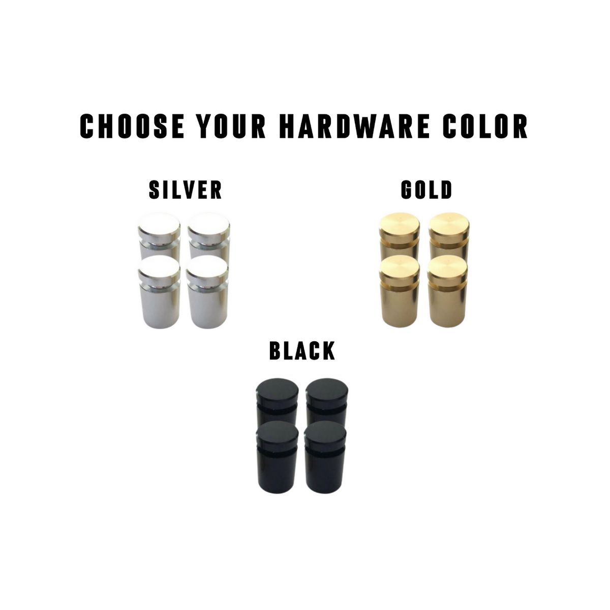 Acrylic photo print mounting hardware options shown in silver, gold and black finishes.
