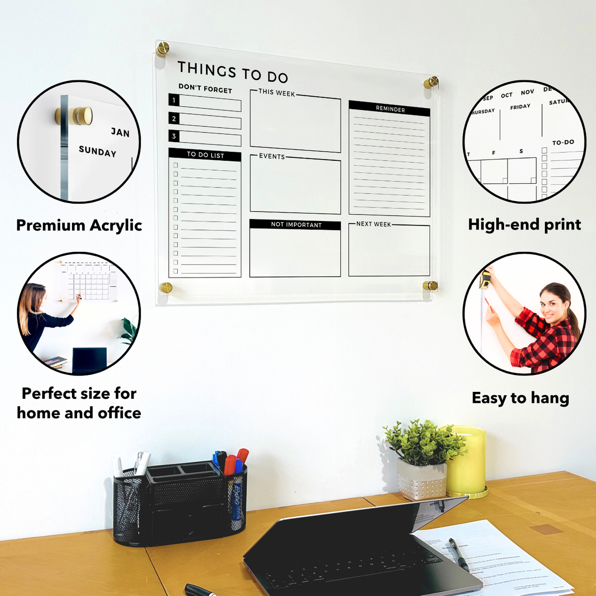 Things To Do acrylic planner with callouts for material, printed sections, writing and wall mounting.