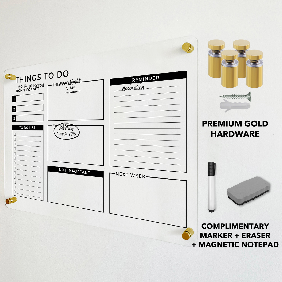 Things To Do acrylic wall planner shown beside gold mounting hardware and a dry-erase eraser.