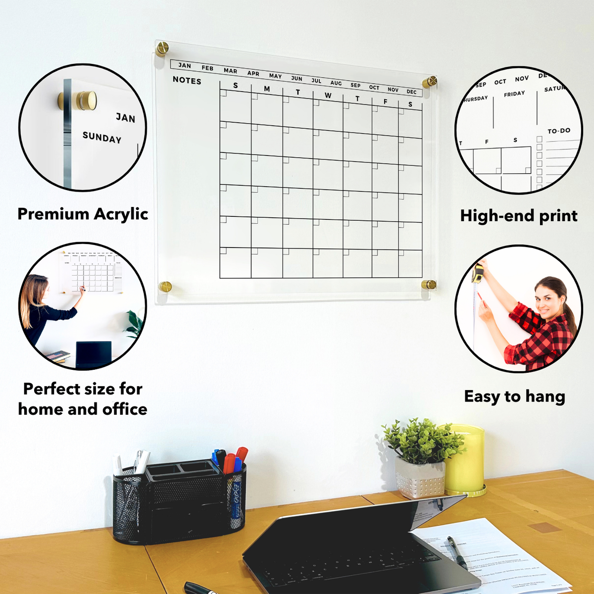 Acrylic monthly calendar with a left notes area, shown above a desk with callouts for material, print, use and mounting.