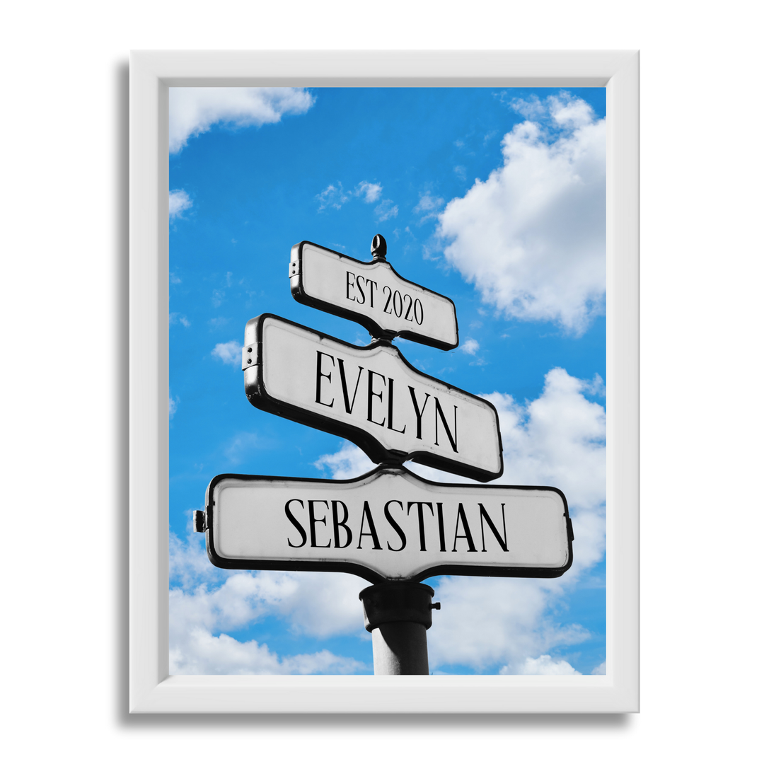 Blue Sky Street Sign Canvas - Love Sign Clouds Includes Couple's Name