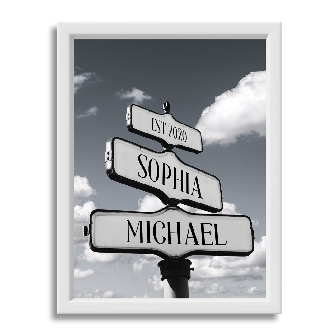 Black & White Street Sign Canvas - Love Sign Clouds Includes Couple's Name