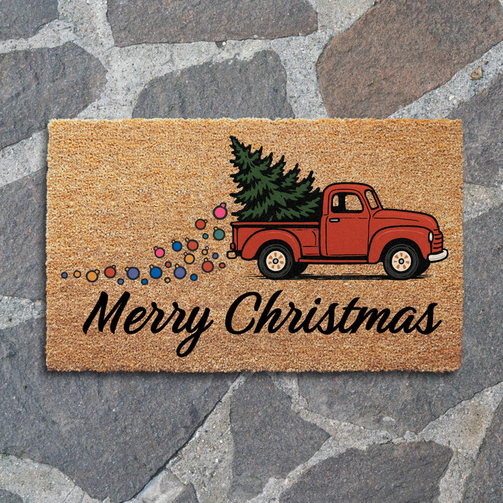 Merry Christmas Red Truck Doormat