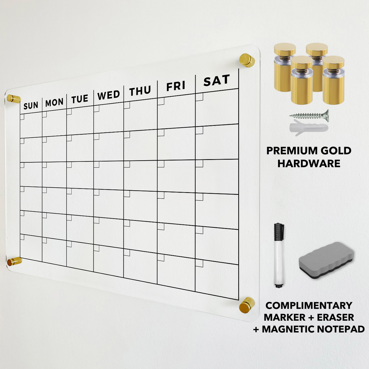 Monthly acrylic grid calendar with gold mounting hardware and dry-erase accessory options.