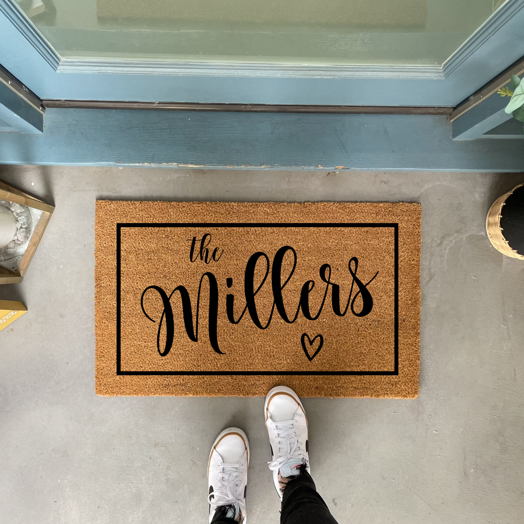 Personalized Family Surname Doormat with Heart and Frame