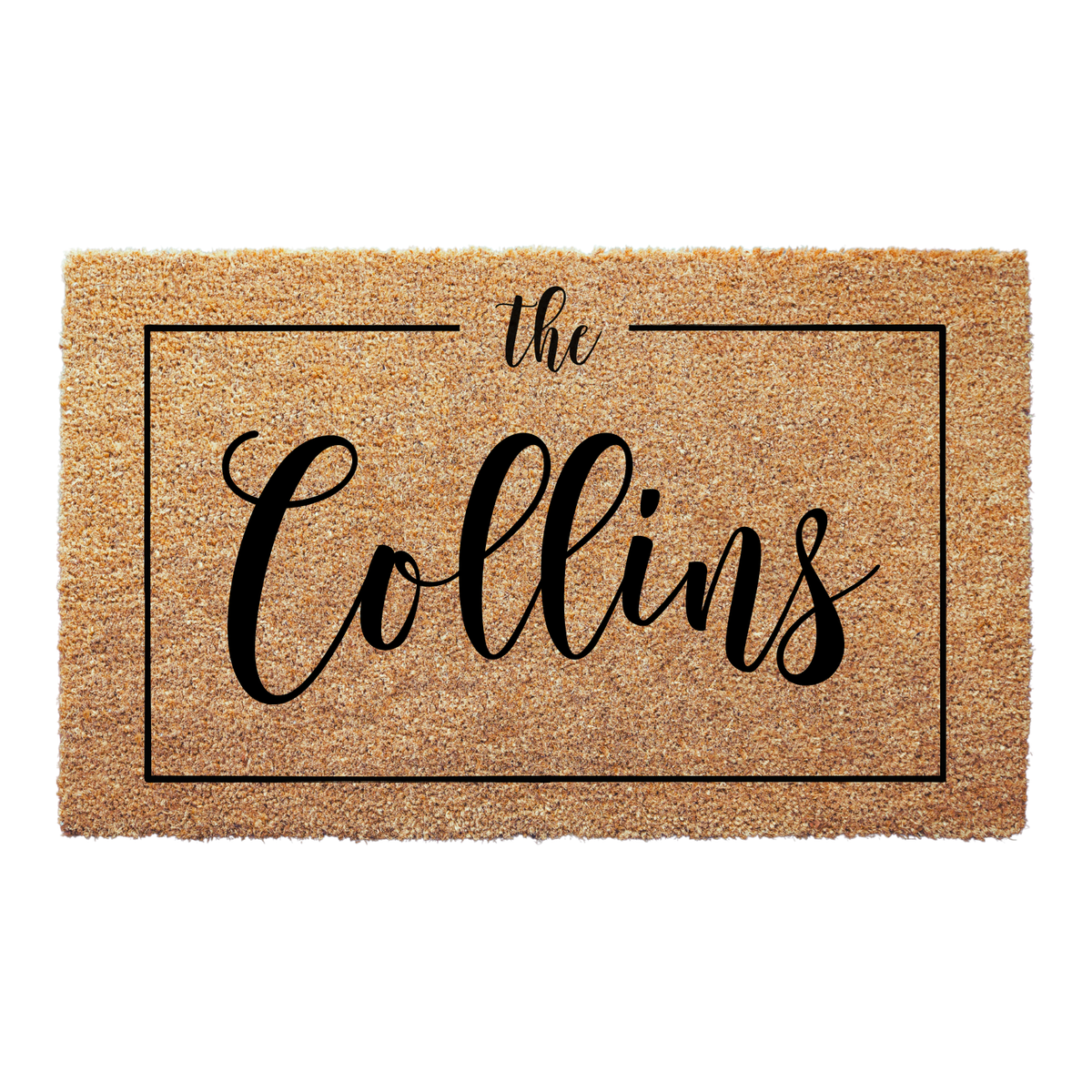 Personalized Family Name Doormat with Frame: sample name The Collins in black script inside a thin frame, flat on white