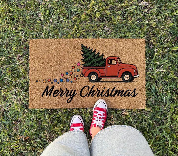 Merry Christmas Red Truck Doormat