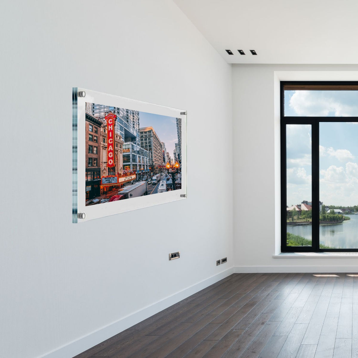 Floating acrylic photo frame displayed on a bright living-room wall beside a glass door.