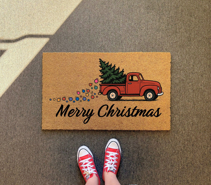 Merry Christmas Red Truck Doormat