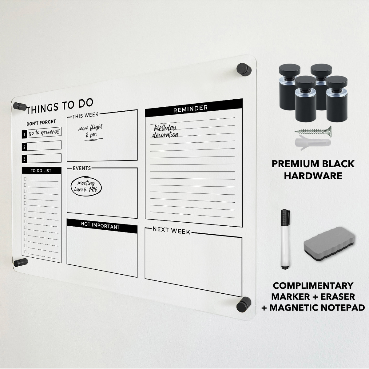 Things To Do acrylic wall planner shown beside black mounting hardware and a dry-erase eraser.