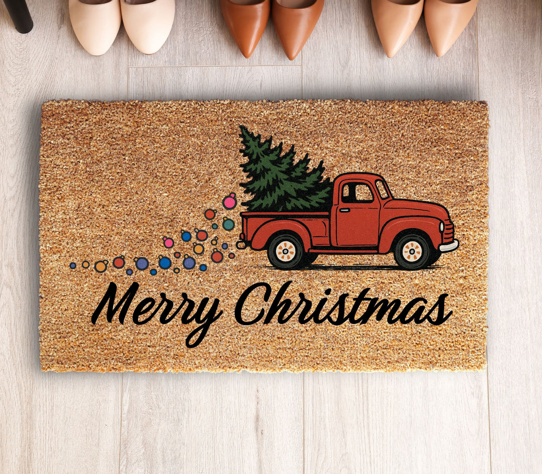 Merry Christmas Red Truck Doormat