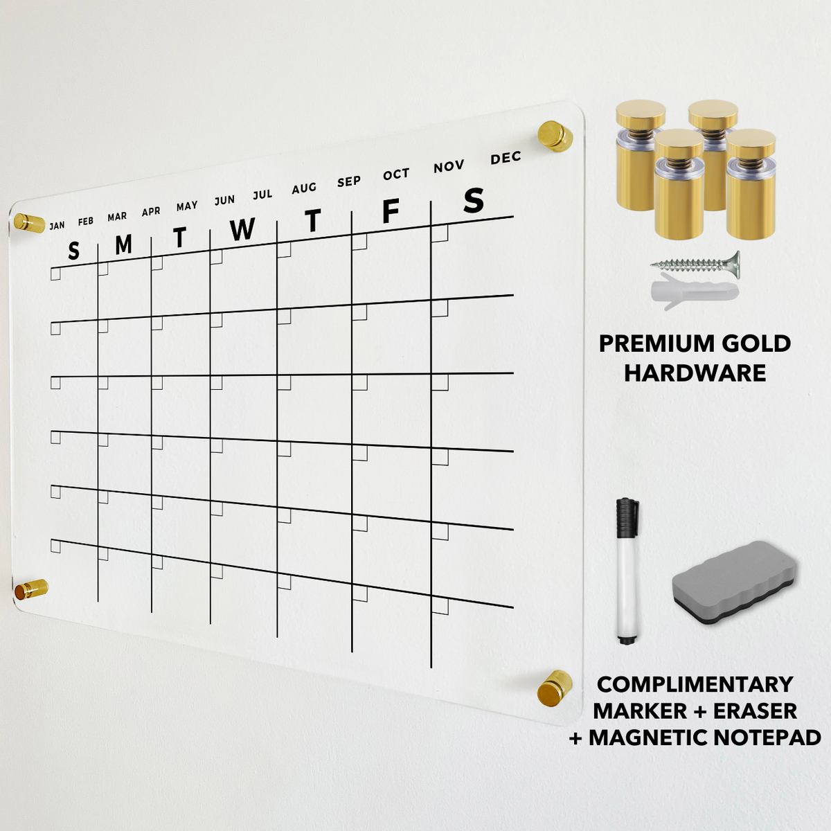 Minimalist acrylic monthly calendar shown with gold mounting hardware and a dry-erase eraser.