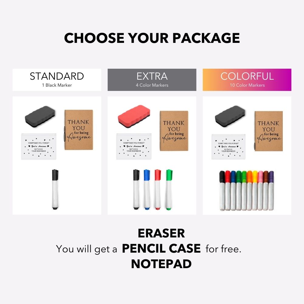 Calendar package chart comparing one black marker, four colored markers and ten colored markers, with an eraser and listed accessories.