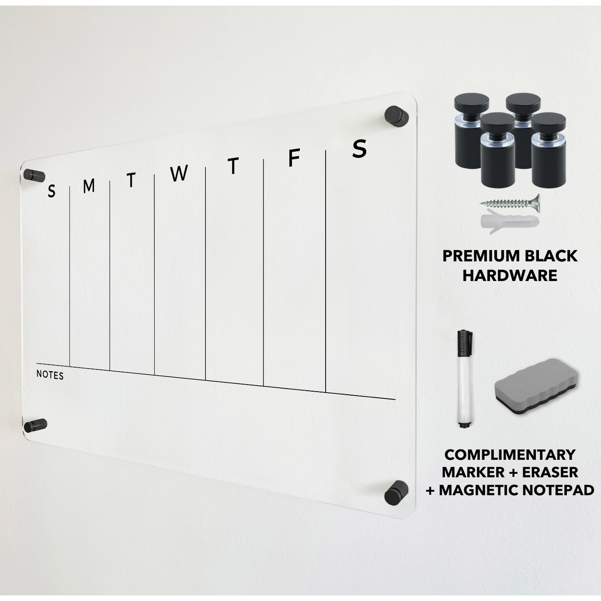 Acrylic weekly planner with seven daily columns and Notes, shown with black mounting hardware and dry-erase accessories.