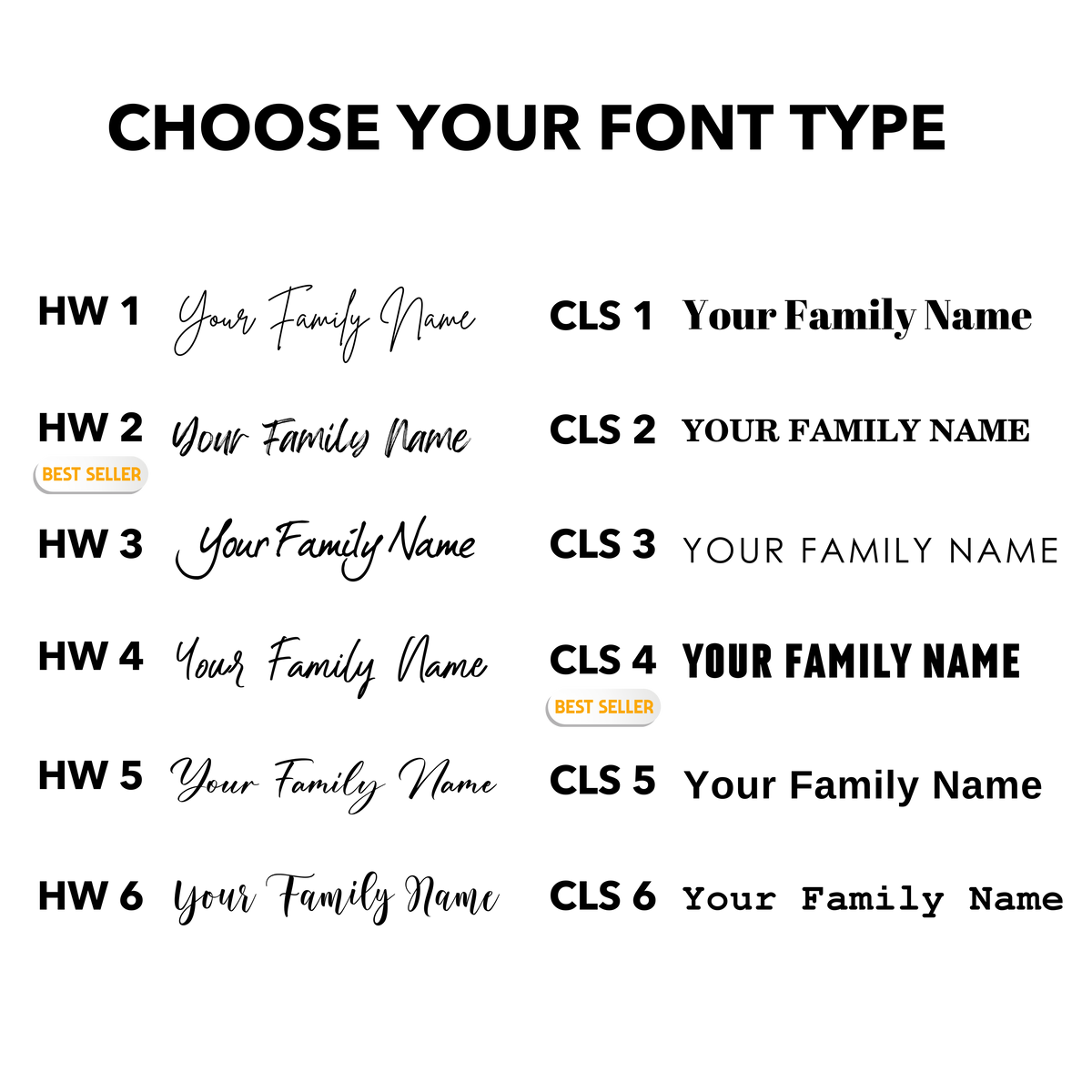 Name font chart with six handwritten styles, HW1–HW6, and six classic styles, CLS1–CLS6; HW2 and CLS4 marked best sellers.