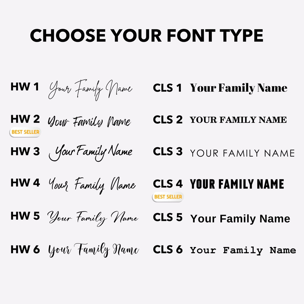 Personalization font chart showing handwritten and classic type styles for a custom calendar heading.