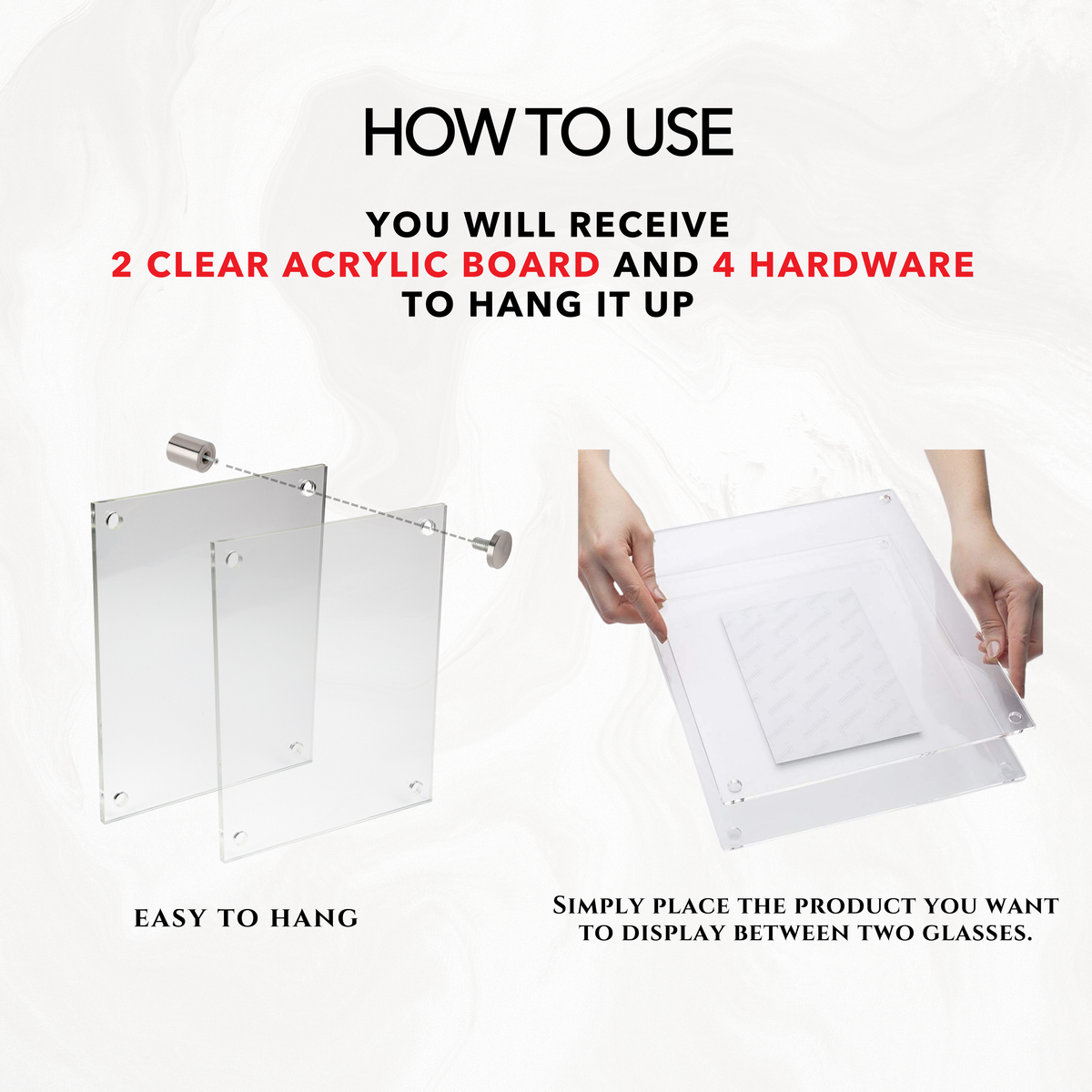 Floating frame assembly guide showing two clear acrylic panels, wall mounts and a picture placed between the panels.