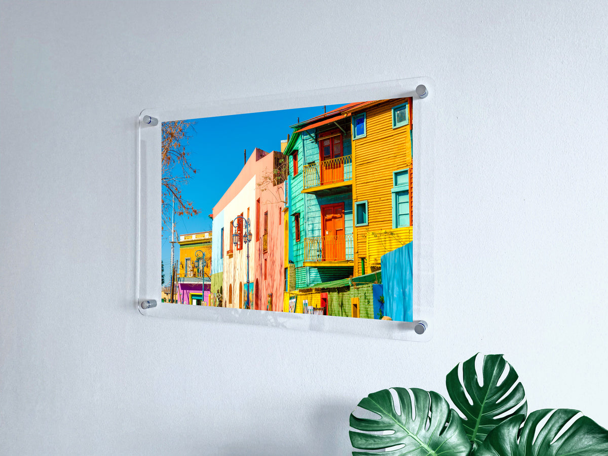 Colorful building photograph printed on an acrylic wall panel above a leafy plant.