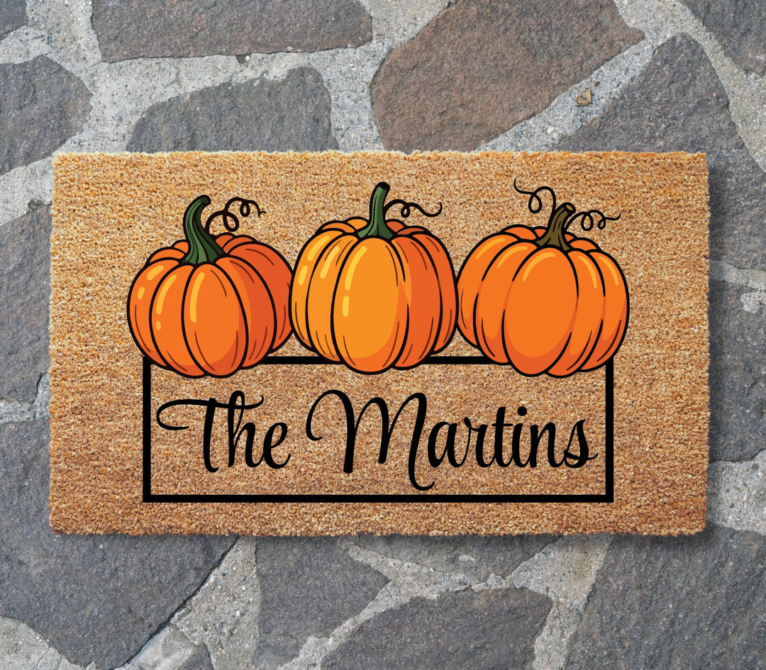3 Pumpkins Family Name Doormat