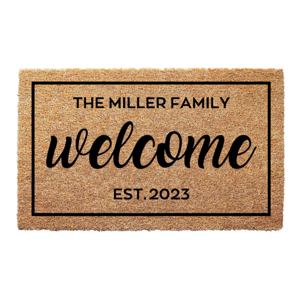 Welcome Customized Doormat with a framed THE MILLER FAMILY, welcome, EST. 2023 design, flat on white
