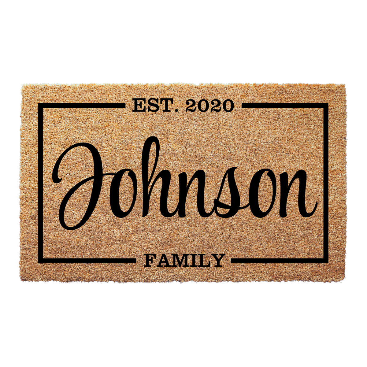 Customized Family Name Special Date Welcome Doormat with Johnson in script, EST. 2020 and FAMILY inside a frame, on white