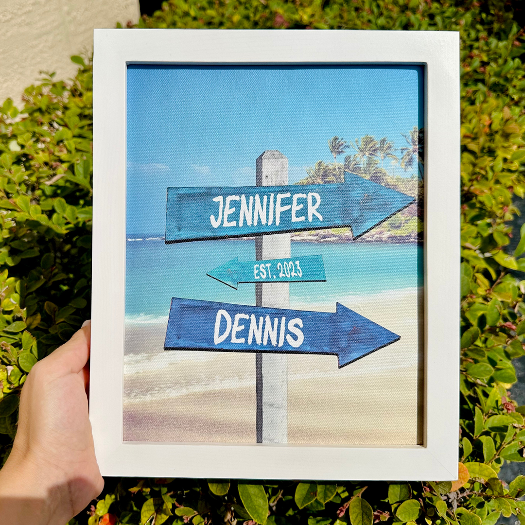 Blue Beach Sign - Framed Canvas Personalized Sea Sign