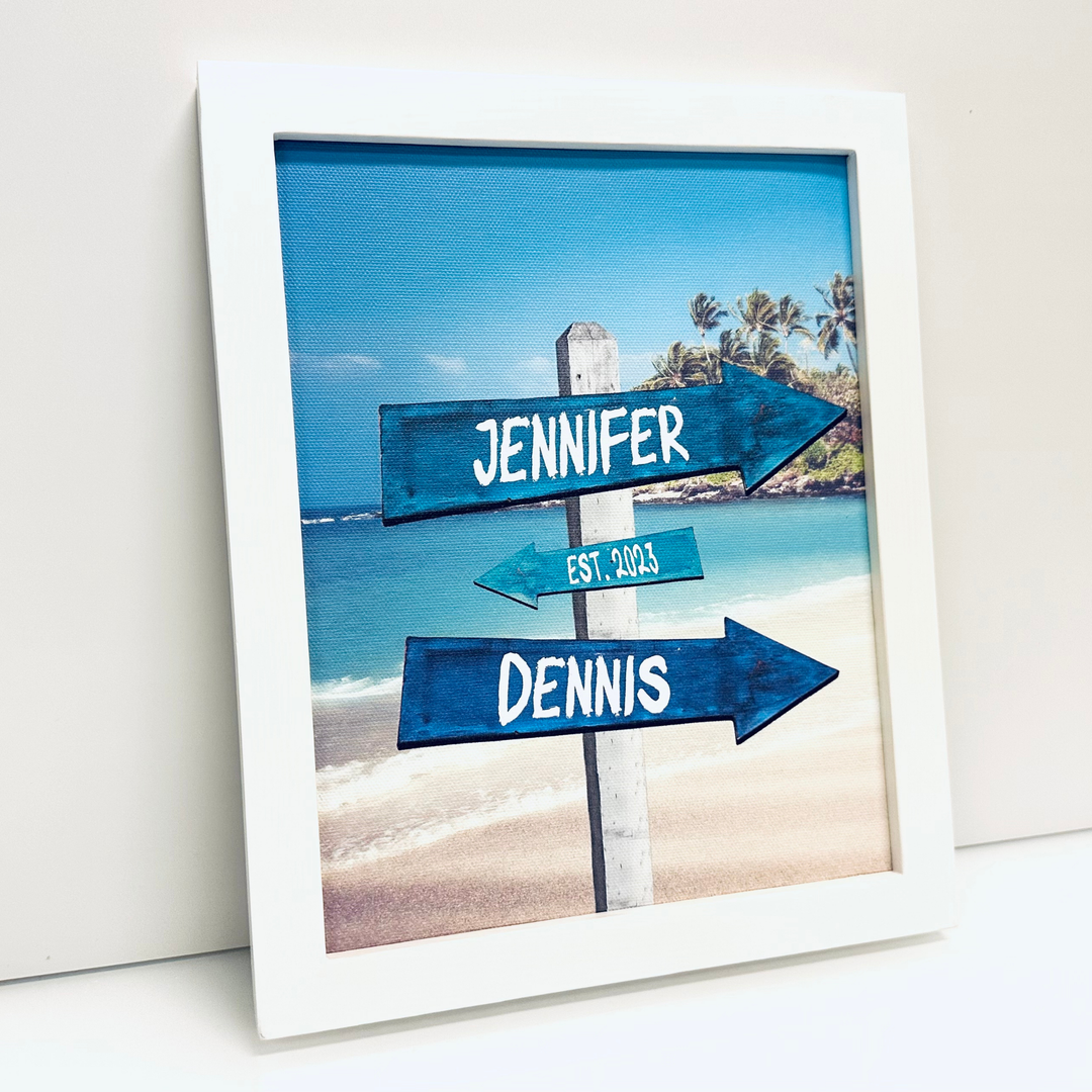 Blue Beach Sign - Framed Canvas Personalized Sea Sign