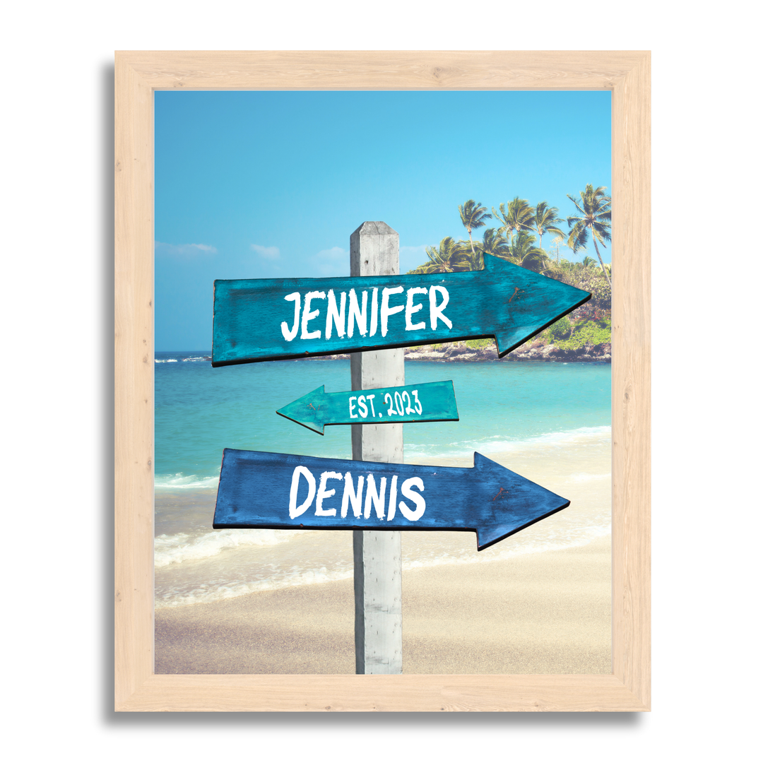 Blue Beach Sign - Framed Canvas Personalized Sea Sign