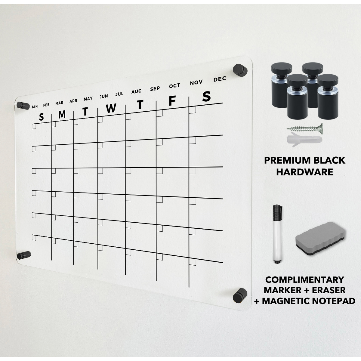 Minimalist acrylic monthly calendar shown with black mounting hardware and a dry-erase eraser.