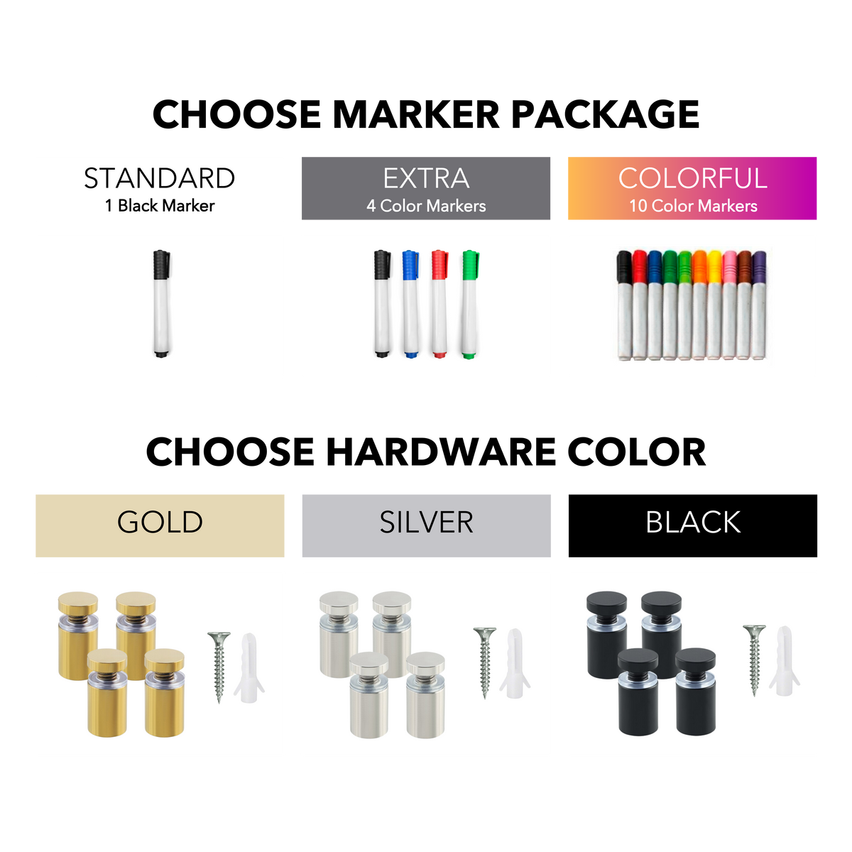 Calendar options: one black marker, four colored markers or ten colored markers, with gold, silver or black mounting hardware.