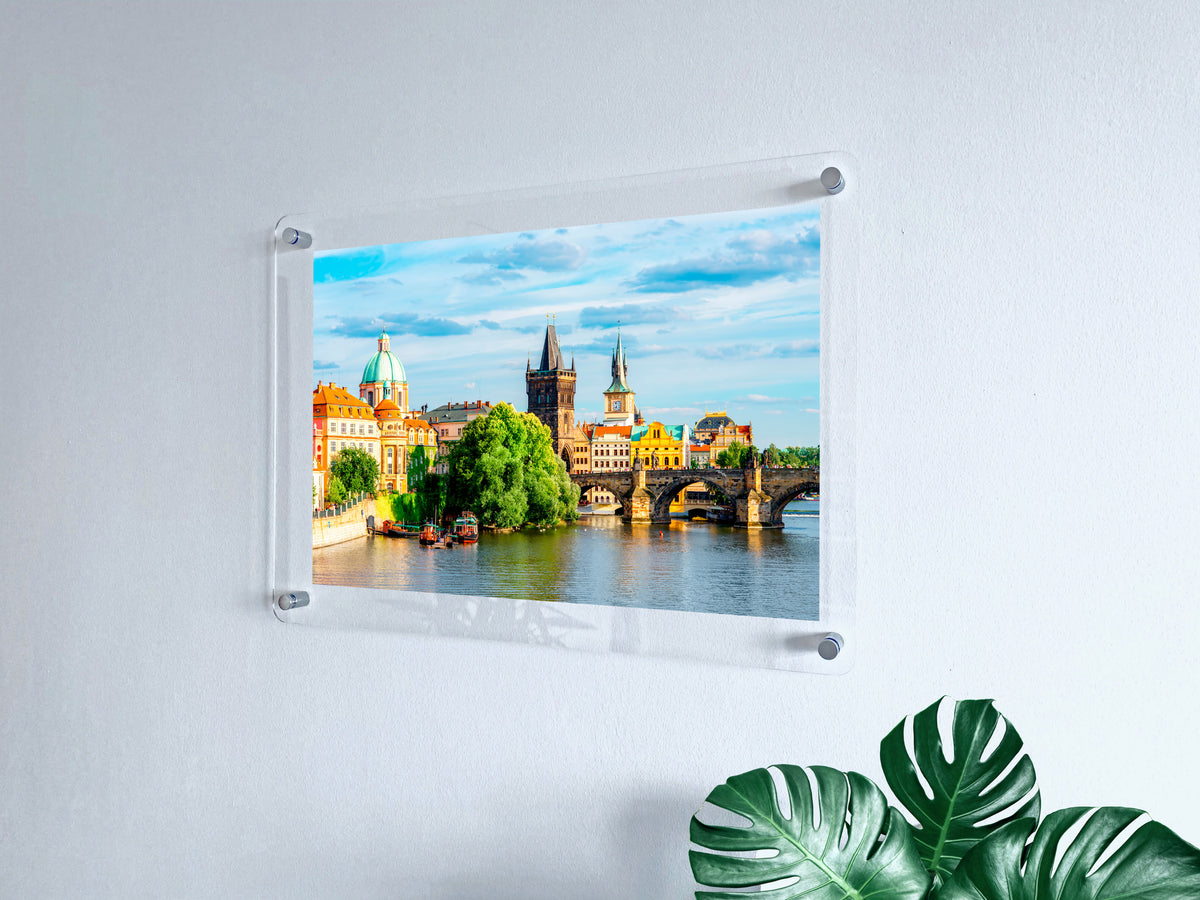 Family photograph displayed as acrylic wall art with a clear border and gold mounting hardware.