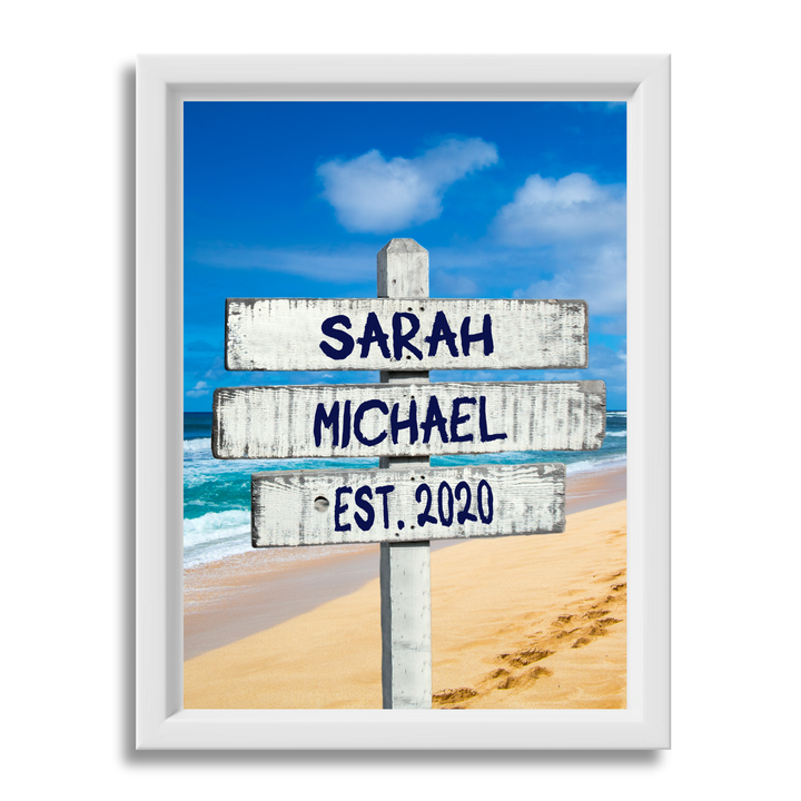 White Beach Sign - Love Sign Framed Canvas Couple's Names