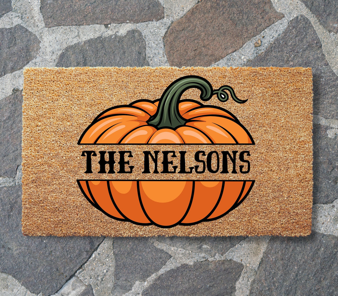 Pumpkin with Family Name Doormat