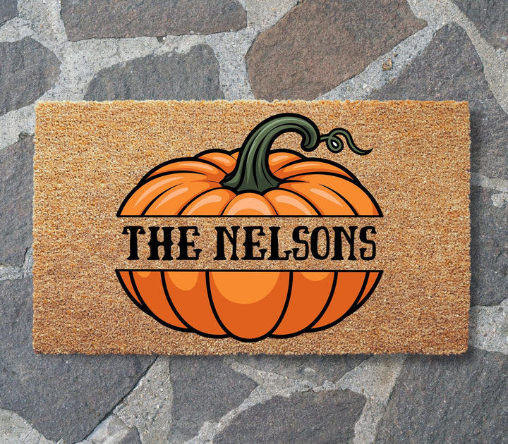 Pumpkin with Family Name Doormat