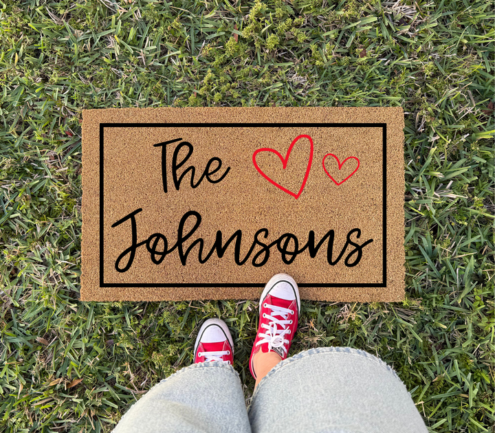 Personalized Family Name Welcome Doormat - Heart Design