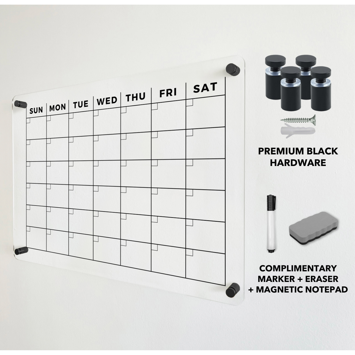 Monthly acrylic grid calendar with black mounting hardware and dry-erase accessory options.