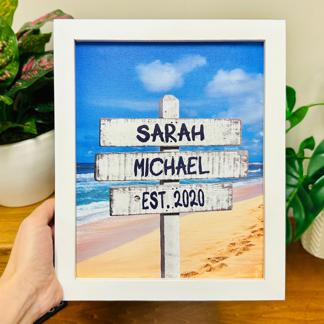 White Beach Sign - Love Sign Framed Canvas Couple's Names