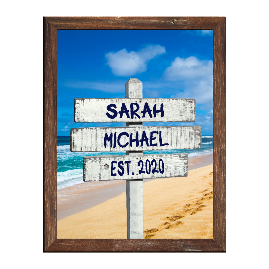 White Beach Sign - Love Sign Framed Canvas Couple's Names