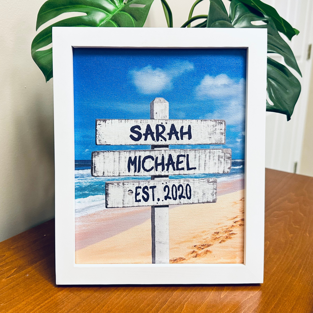 White Beach Sign - Love Sign Framed Canvas Couple's Names