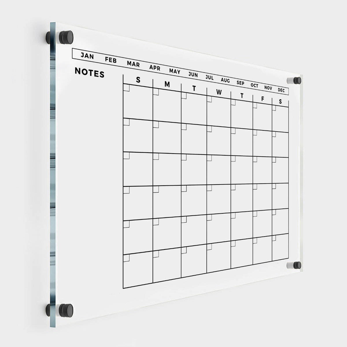 Clear acrylic monthly calendar with a large unlined Notes area on the left, a full date grid on the right and black mounting hardware.