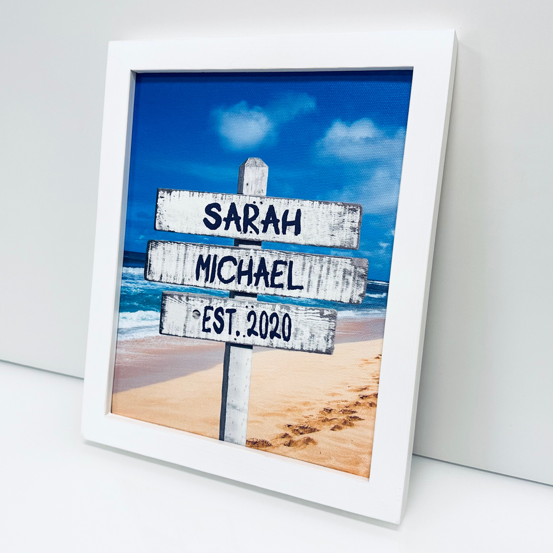 White Beach Sign - Love Sign Framed Canvas Couple's Names