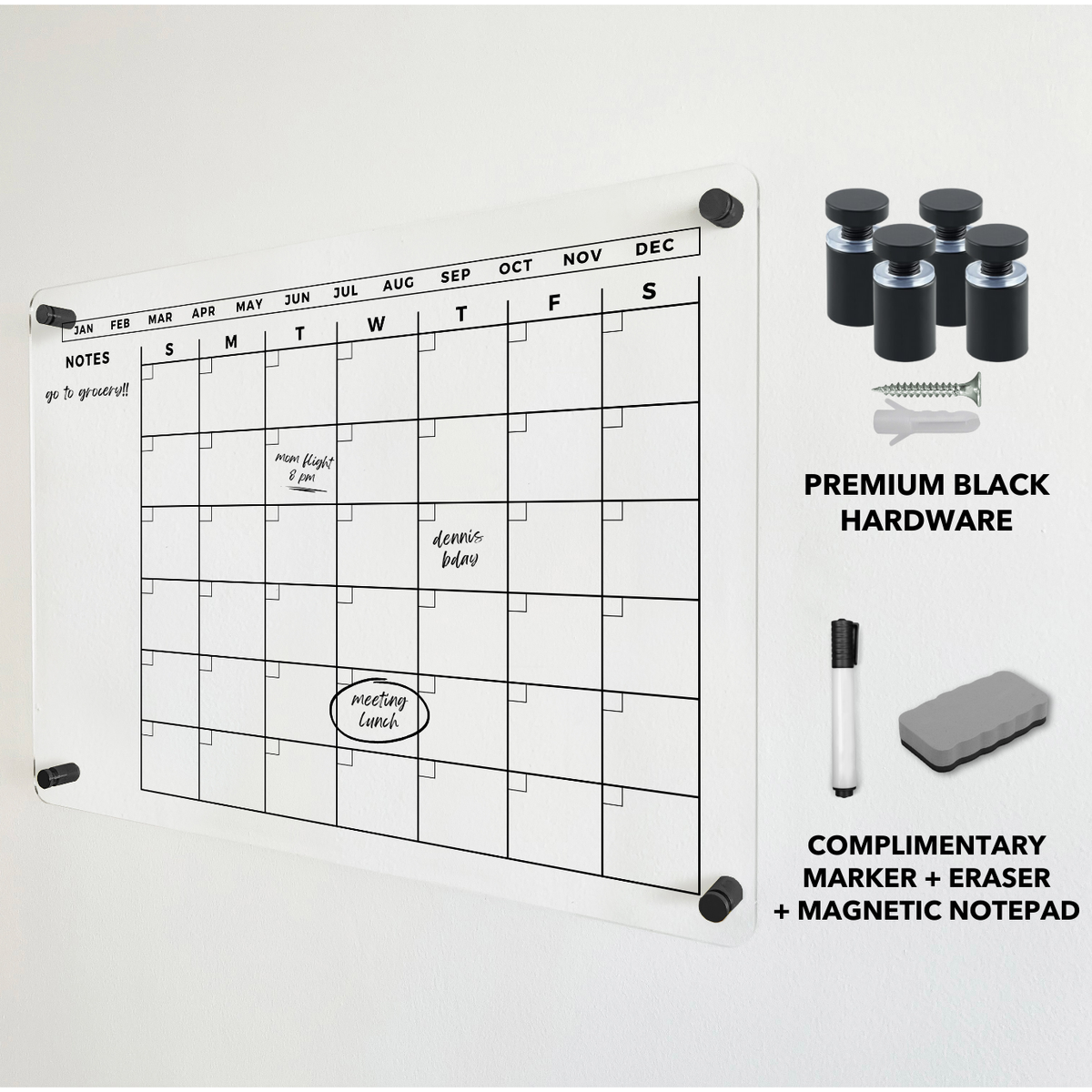 Acrylic monthly calendar with a left notes area, shown with black wall mounts and a dry-erase eraser.
