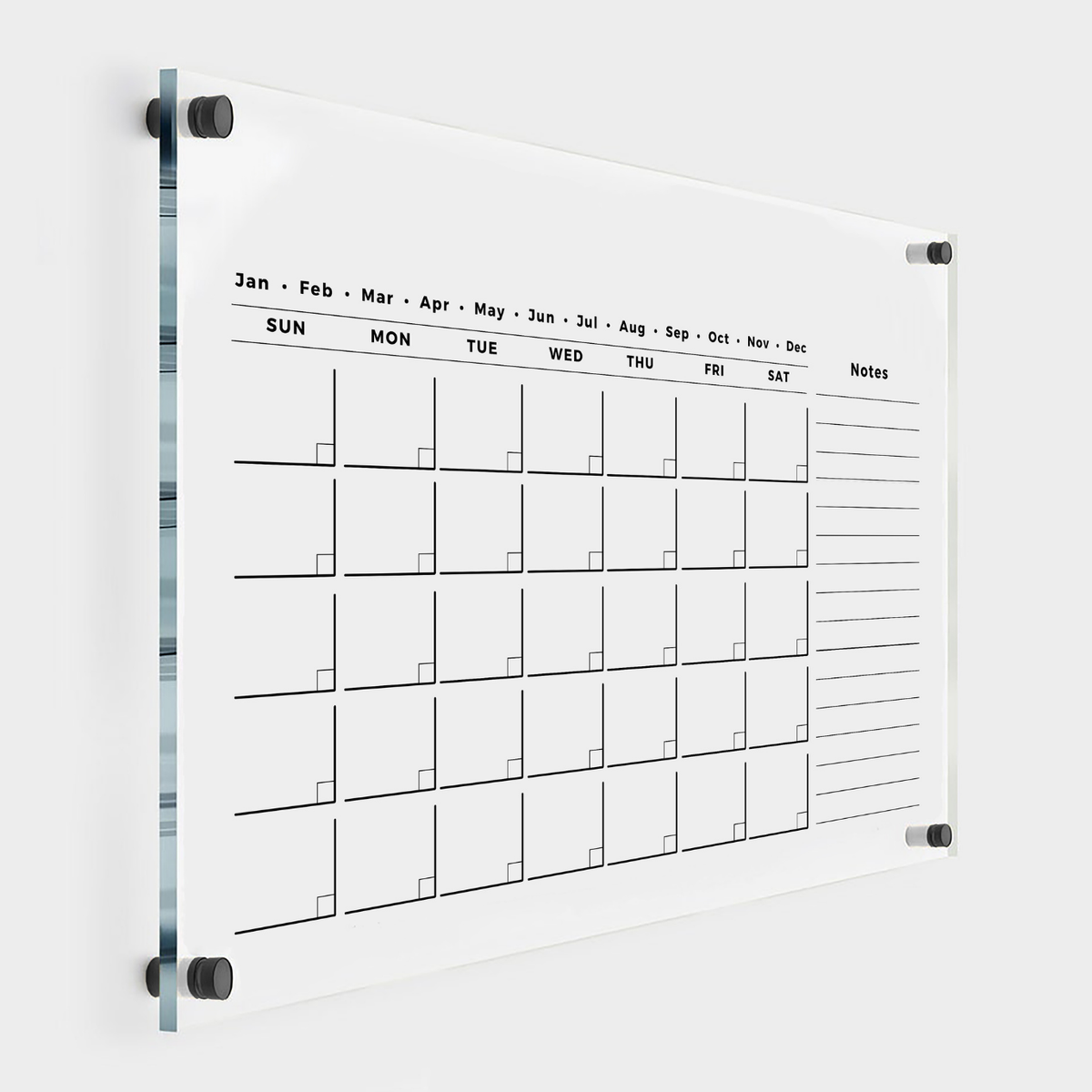 Clear acrylic monthly calendar with an open date grid, small date boxes and a full-height lined Notes column on the right, shown with black mounts.