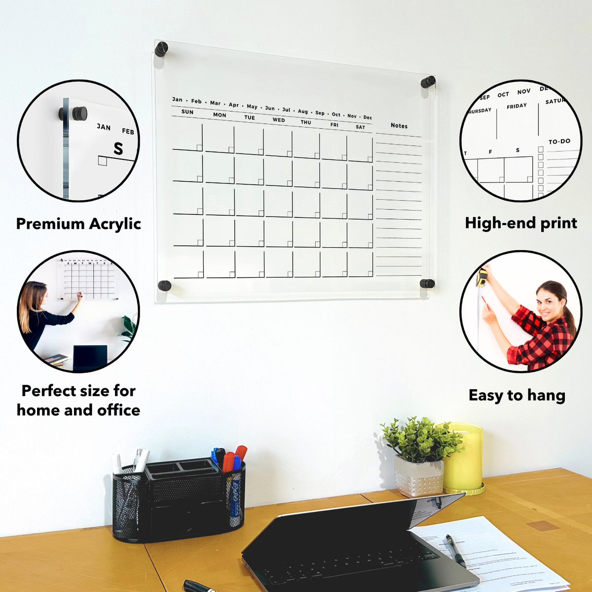 Monthly acrylic calendar with a full-height notes column and close-up callouts for material, printed details, use and mounting.