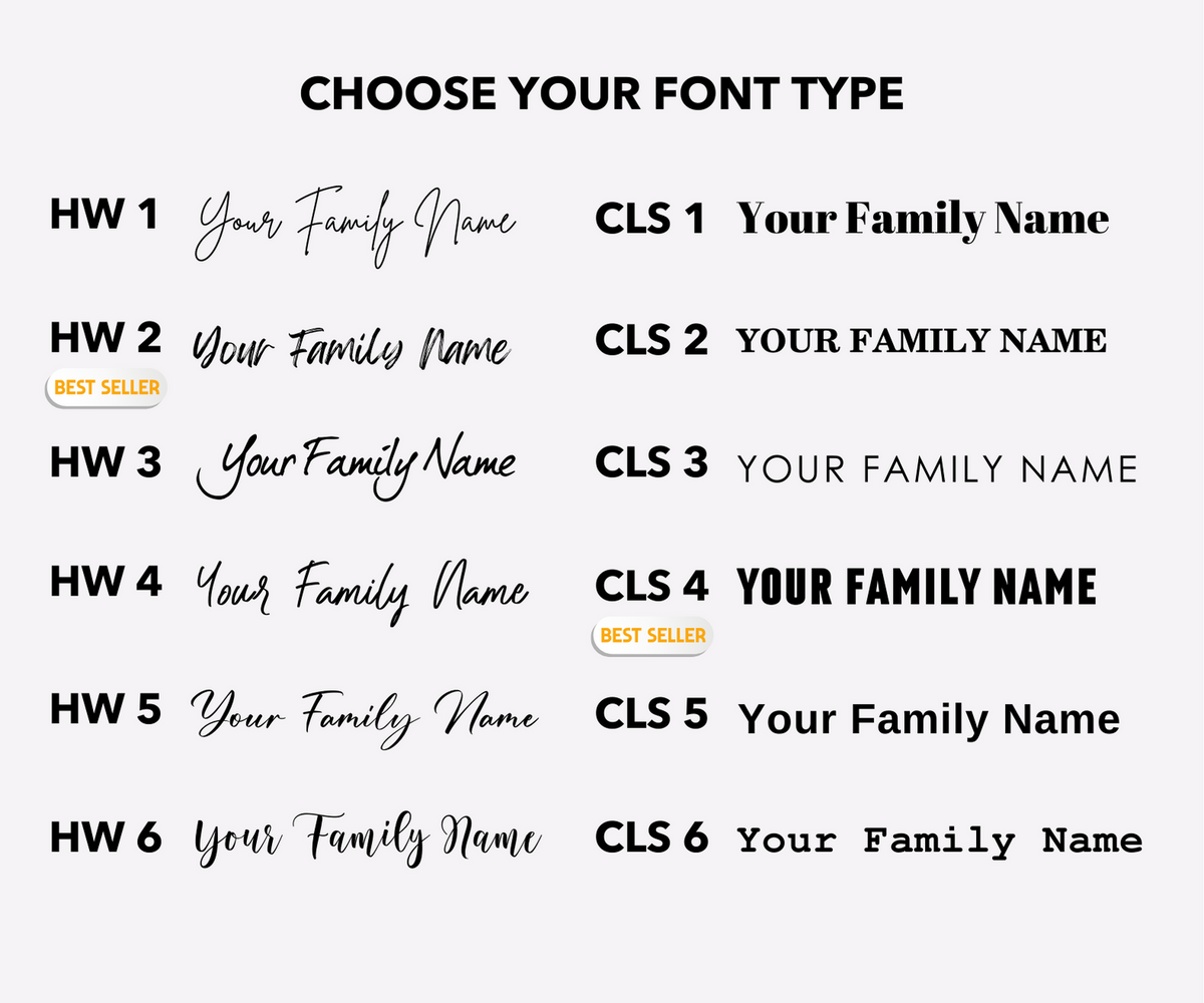 Personalization font chart showing handwritten and classic type styles for a custom calendar heading.