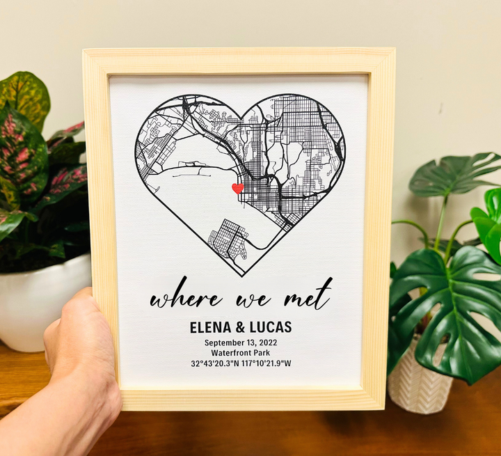 Custom Map Heart Design Framed Canvas - Where We Met Personalized Couple Gift Cotton Sheet