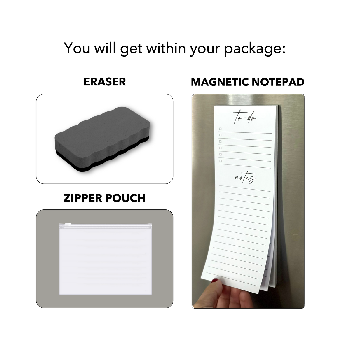 Calendar package accessories shown: a dry-erase eraser, a zipper pouch and a magnetic notepad with To-do and Notes sections.