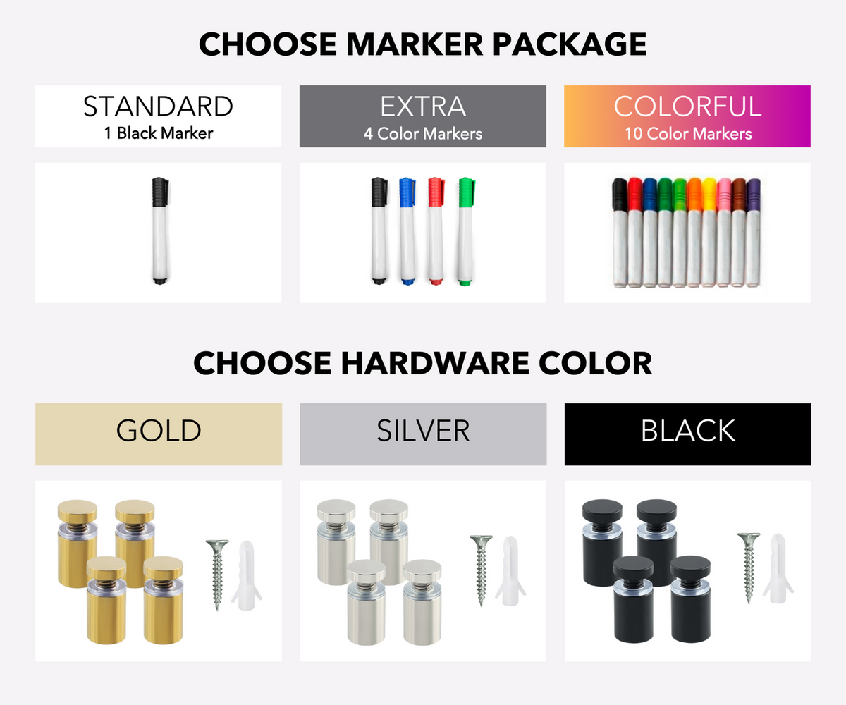 Calendar options: one black marker, four colored markers or ten colored markers, with gold, silver or black mounting hardware.
