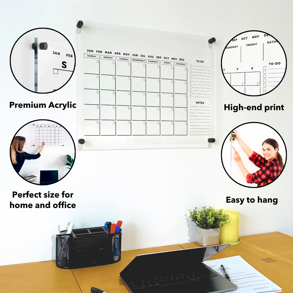 Clear monthly calendar above a desk with close-up callouts for acrylic, printed details, use and wall mounting.