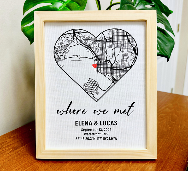 Custom Map Heart Design Framed Canvas - Where We Met Personalized Couple Gift Cotton Sheet